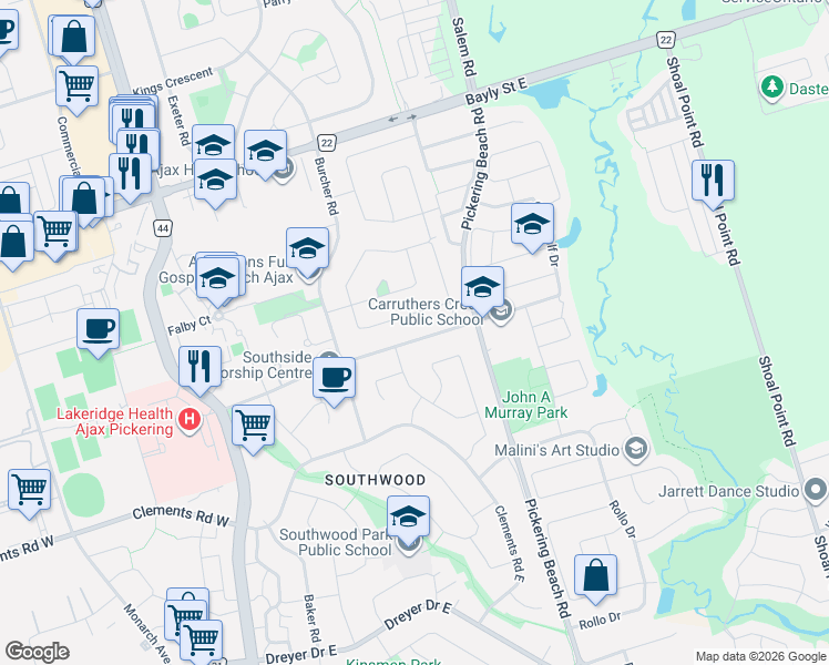map of restaurants, bars, coffee shops, grocery stores, and more near 94 Emperor Street in Ajax