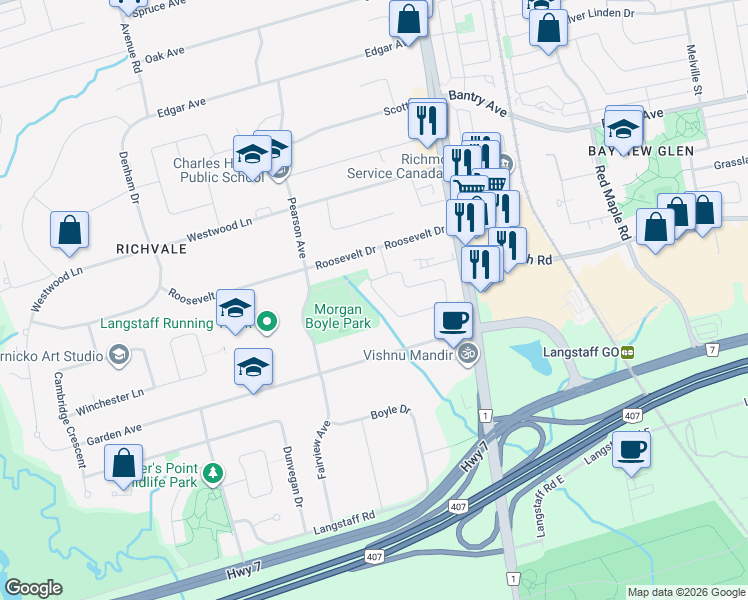 map of restaurants, bars, coffee shops, grocery stores, and more near 52 Eleanor Circle in Richmond Hill