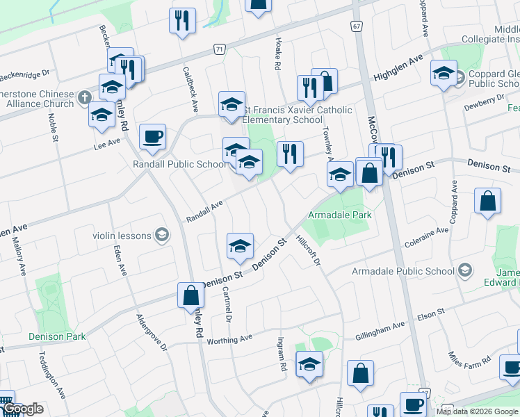 map of restaurants, bars, coffee shops, grocery stores, and more near 160 Galbraith Crescent in Markham