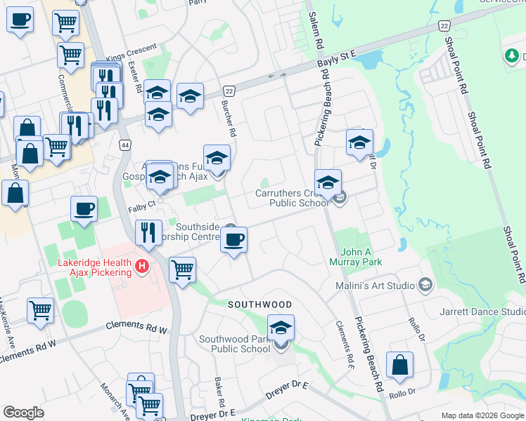 map of restaurants, bars, coffee shops, grocery stores, and more near 143 Tulloch Drive in Ajax