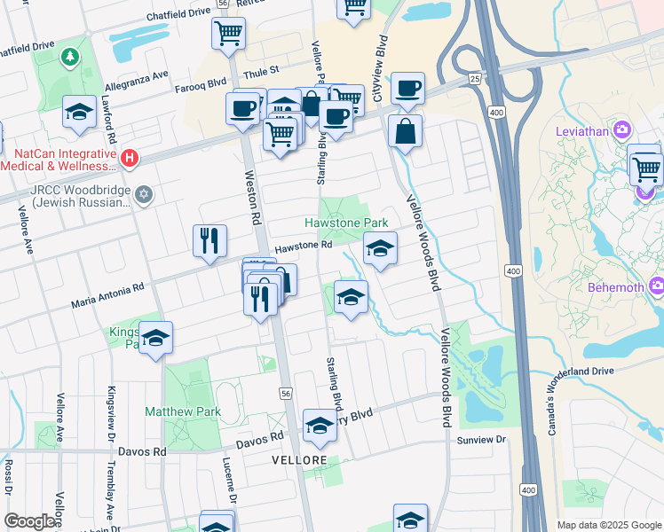 map of restaurants, bars, coffee shops, grocery stores, and more near 14 Oxbow Court in Vaughan