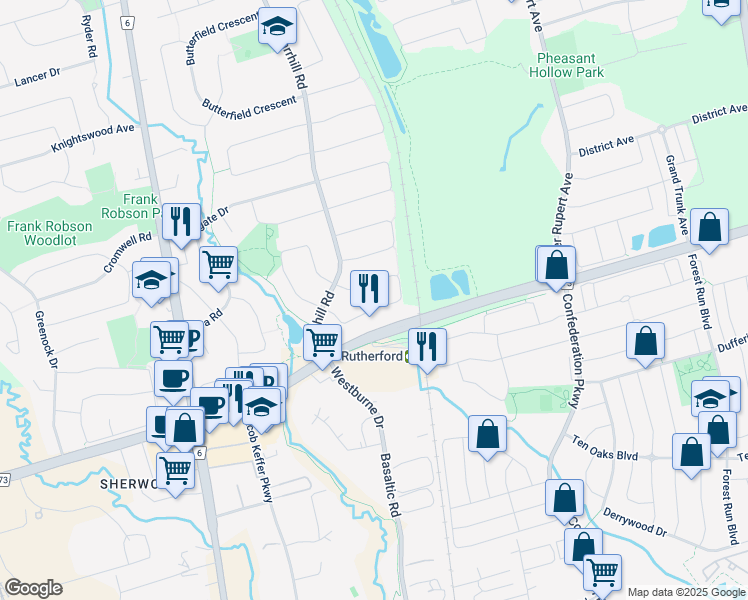map of restaurants, bars, coffee shops, grocery stores, and more near 68 Patna Crescent in Vaughan
