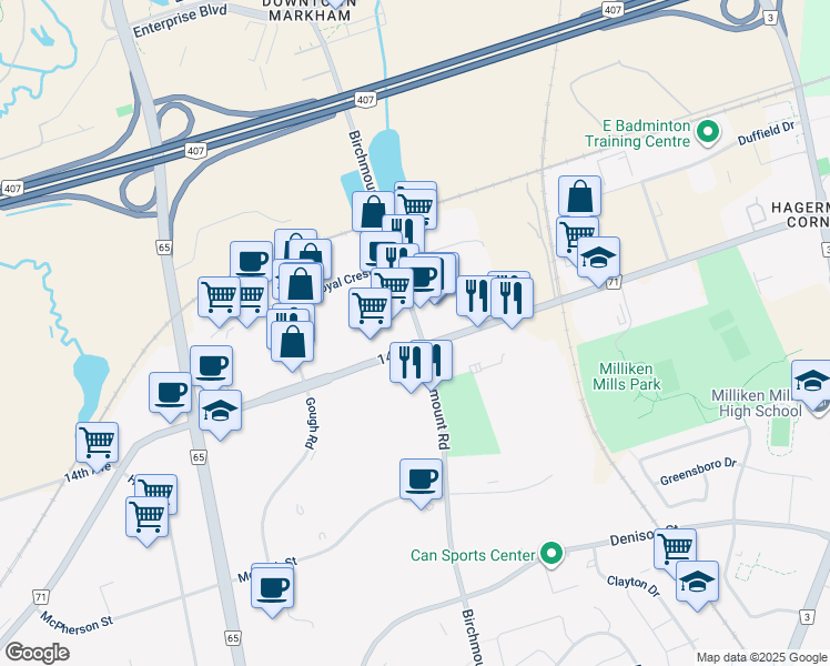 map of restaurants, bars, coffee shops, grocery stores, and more near 3228 Birchmount Road in Markham