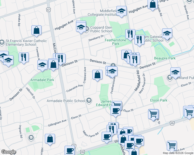 map of restaurants, bars, coffee shops, grocery stores, and more near 91 William Honey Crescent in Markham