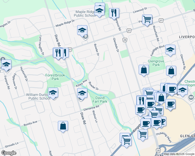 map of restaurants, bars, coffee shops, grocery stores, and more near 1931 Malden Crescent in Pickering