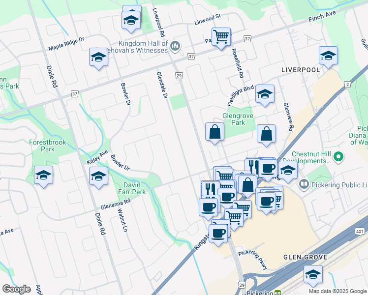 map of restaurants, bars, coffee shops, grocery stores, and more near 1915 Glendale Drive in Pickering