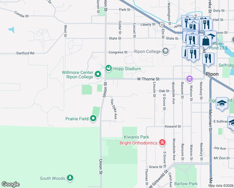 map of restaurants, bars, coffee shops, grocery stores, and more near 690 Emerson Avenue in Ripon