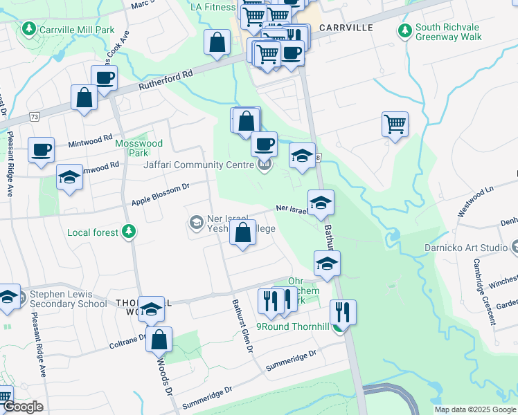 map of restaurants, bars, coffee shops, grocery stores, and more near 98 Ner Israel Drive in Vaughan