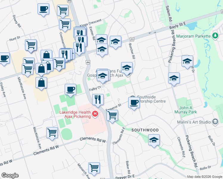 map of restaurants, bars, coffee shops, grocery stores, and more near 77 Falby Court in Ajax