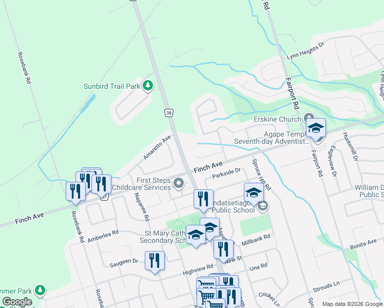 map of restaurants, bars, coffee shops, grocery stores, and more near 750 Swan Place in Pickering