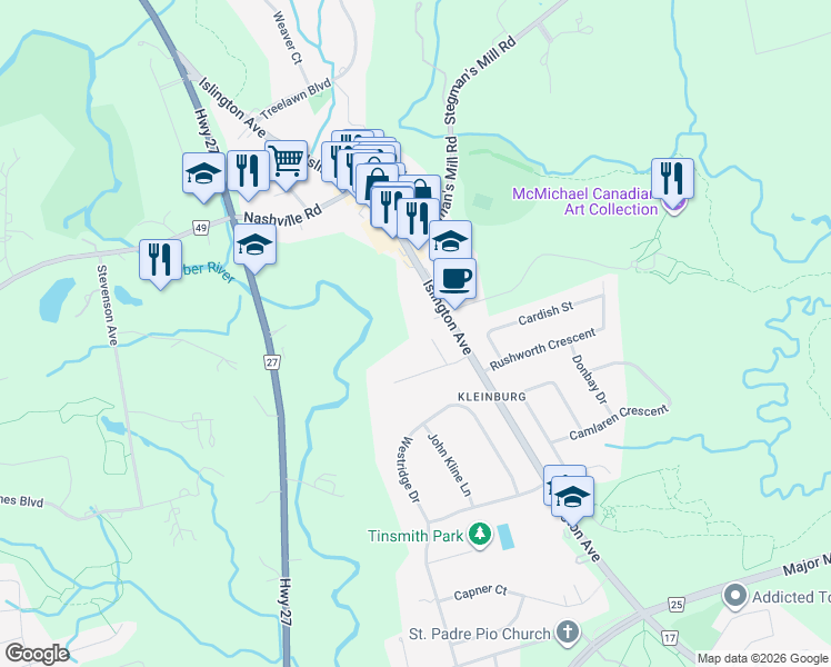 map of restaurants, bars, coffee shops, grocery stores, and more near 32 Daleview Court in Vaughan