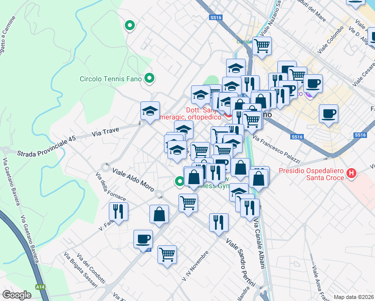 map of restaurants, bars, coffee shops, grocery stores, and more near 4 Via Liguria in Fano