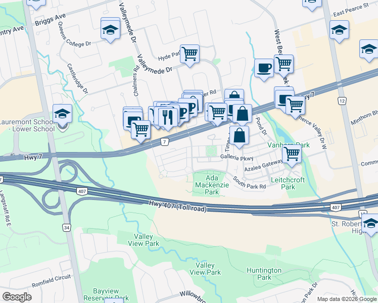 map of restaurants, bars, coffee shops, grocery stores, and more near 56 Saddlecreek Drive in Markham