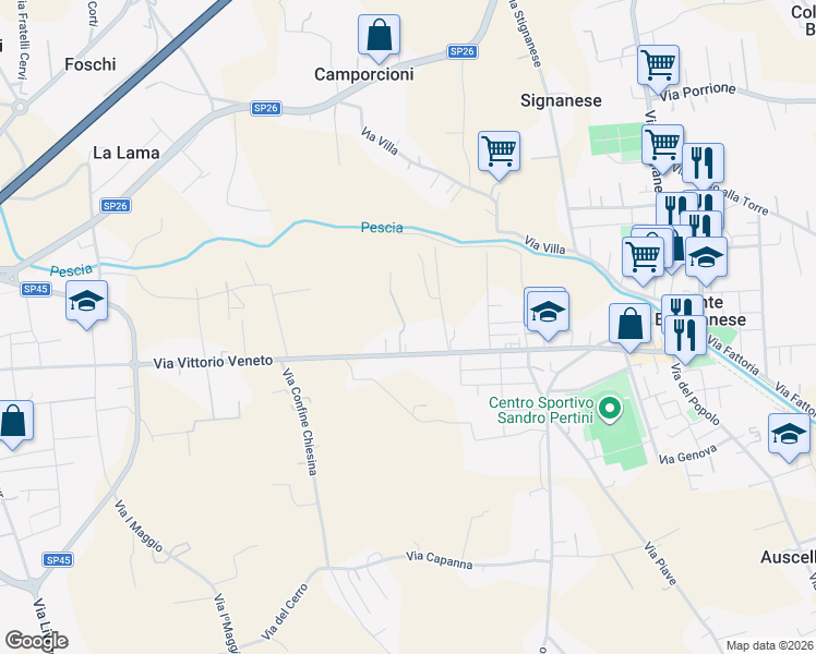 map of restaurants, bars, coffee shops, grocery stores, and more near 66 Via Roma in Agliana