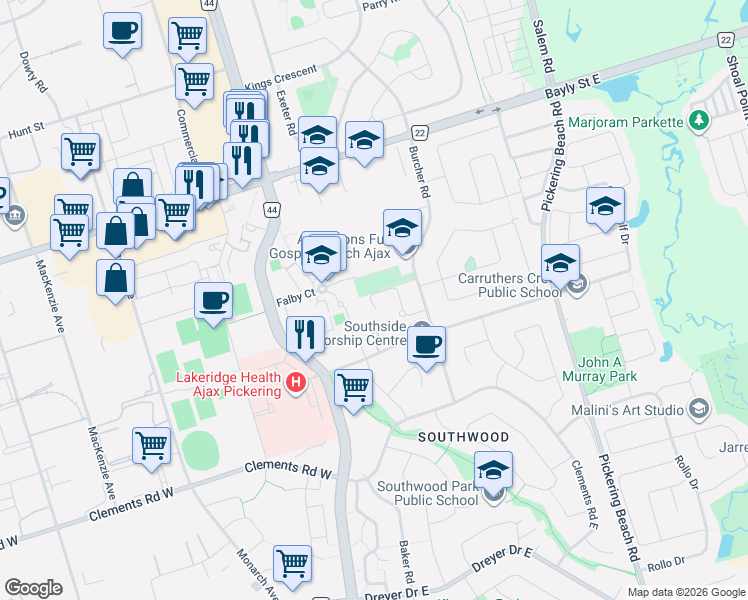 map of restaurants, bars, coffee shops, grocery stores, and more near 65 Aldonschool Court in Ajax