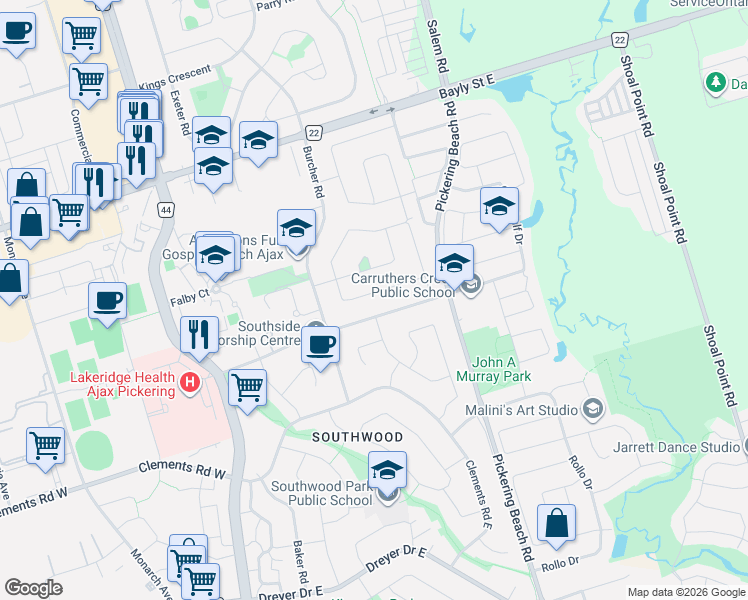 map of restaurants, bars, coffee shops, grocery stores, and more near in Ajax