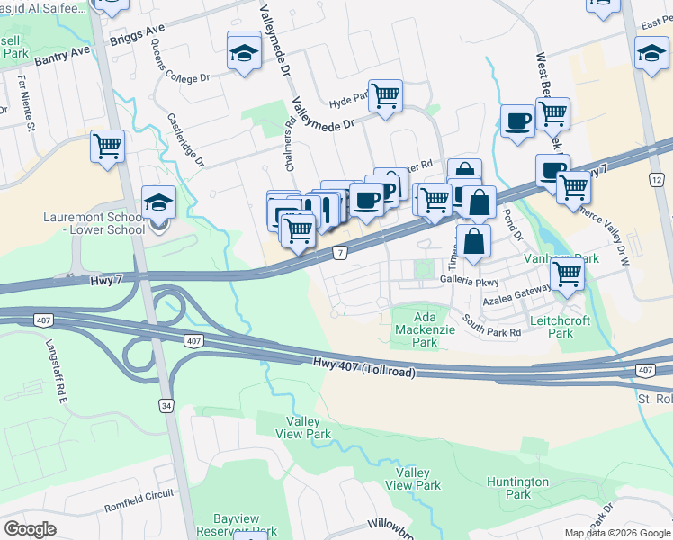 map of restaurants, bars, coffee shops, grocery stores, and more near 12 Gandhi Lane in Markham