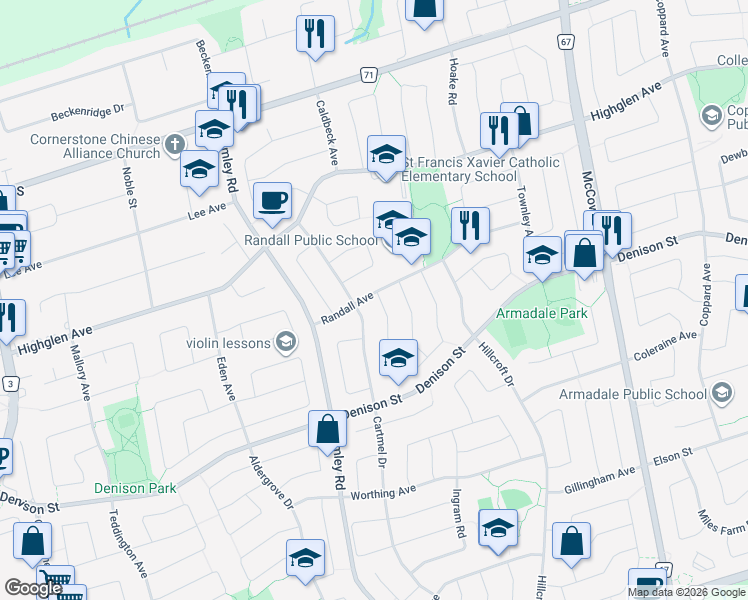 map of restaurants, bars, coffee shops, grocery stores, and more near 29 Randall Avenue in Markham