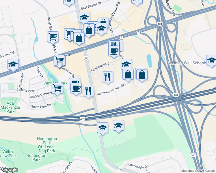 map of restaurants, bars, coffee shops, grocery stores, and more near 60 Commerce Valley Drive East in Markham