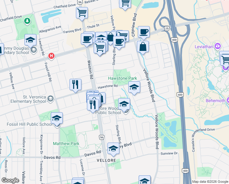 map of restaurants, bars, coffee shops, grocery stores, and more near 203 Starling Boulevard in Vaughan