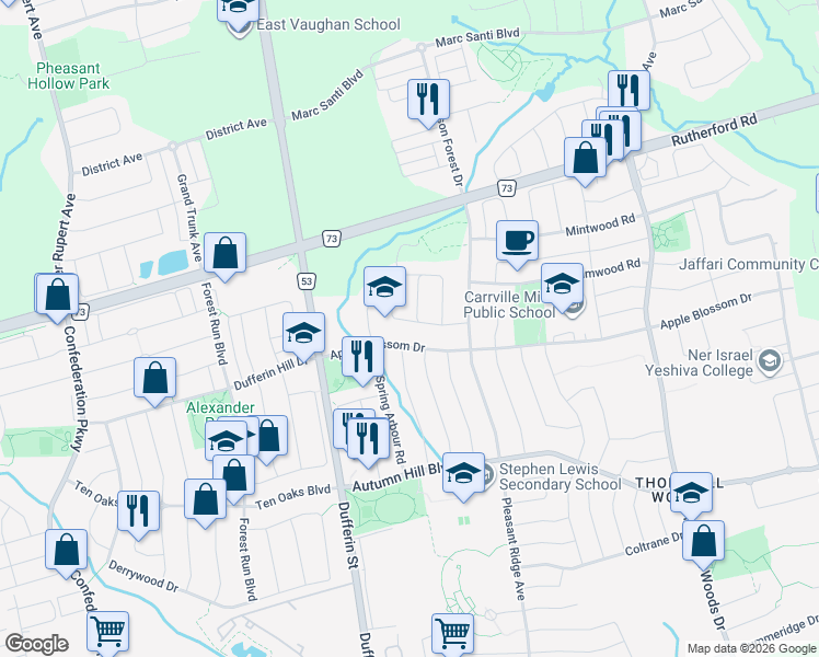 map of restaurants, bars, coffee shops, grocery stores, and more near 55 Borjana Boulevard in Vaughan