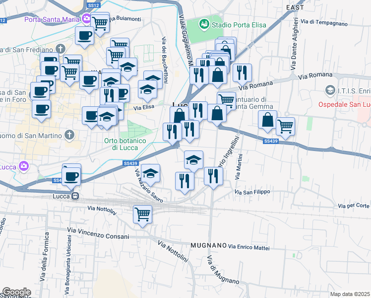 map of restaurants, bars, coffee shops, grocery stores, and more near 37 Via Antonio Cantore in Lucca