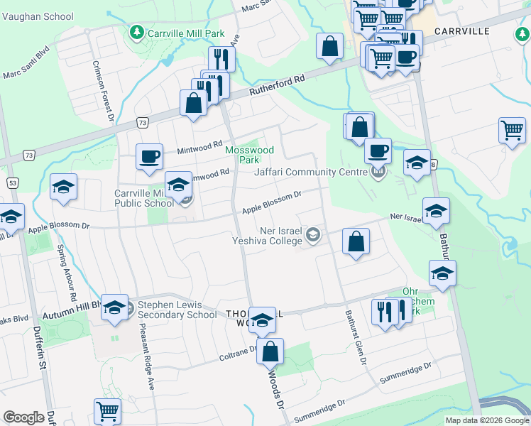 map of restaurants, bars, coffee shops, grocery stores, and more near 8 Bristlewood Crescent in Vaughan