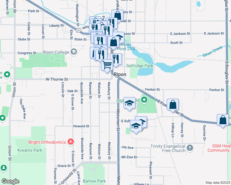 map of restaurants, bars, coffee shops, grocery stores, and more near 535 Metomen Street in Ripon