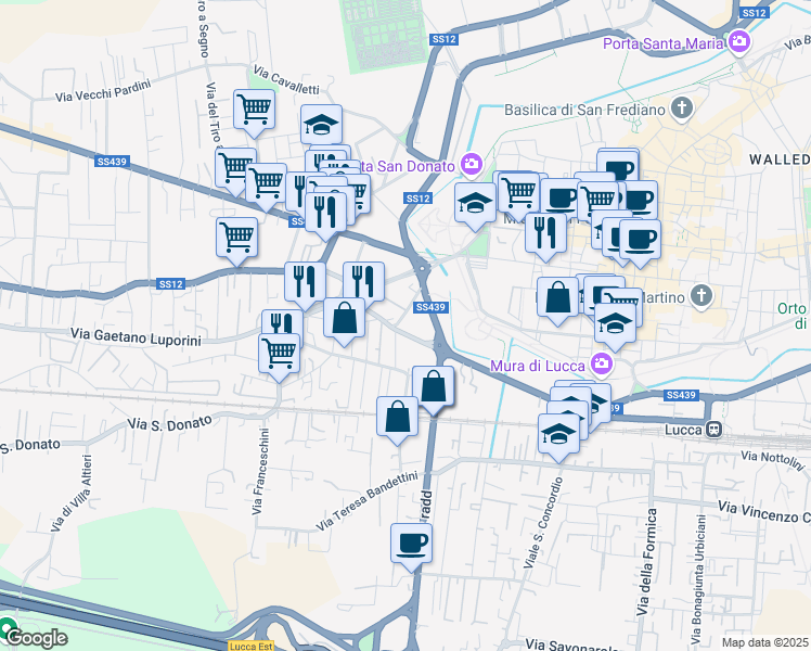 map of restaurants, bars, coffee shops, grocery stores, and more near 140 Viale Idelfonso Nieri in Lucca