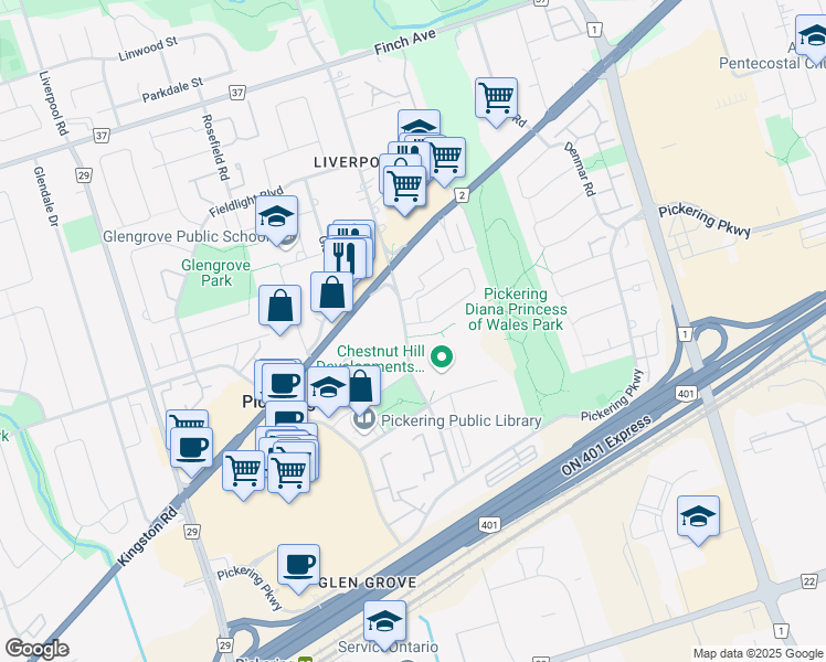 map of restaurants, bars, coffee shops, grocery stores, and more near 1501 Avonmore Square in Pickering