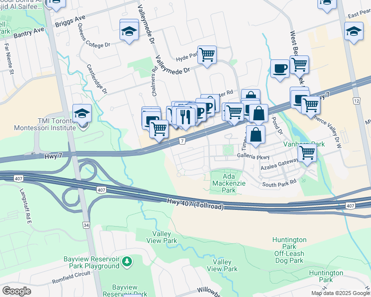 map of restaurants, bars, coffee shops, grocery stores, and more near 38 Gandhi Lane in Markham