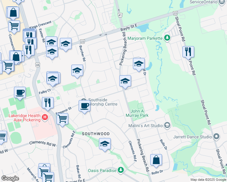 map of restaurants, bars, coffee shops, grocery stores, and more near in Ajax