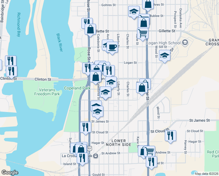 map of restaurants, bars, coffee shops, grocery stores, and more near 1208 Avon Street in La Crosse