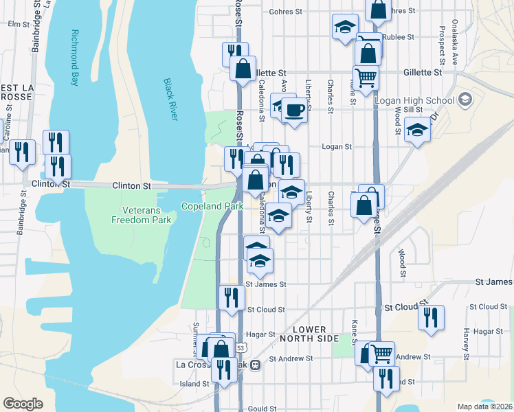 map of restaurants, bars, coffee shops, grocery stores, and more near 1200 Caledonia Street in La Crosse