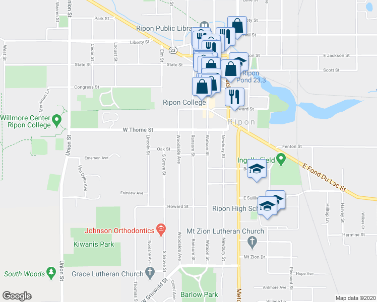 map of restaurants, bars, coffee shops, grocery stores, and more near 540 Ransom Street in Ripon