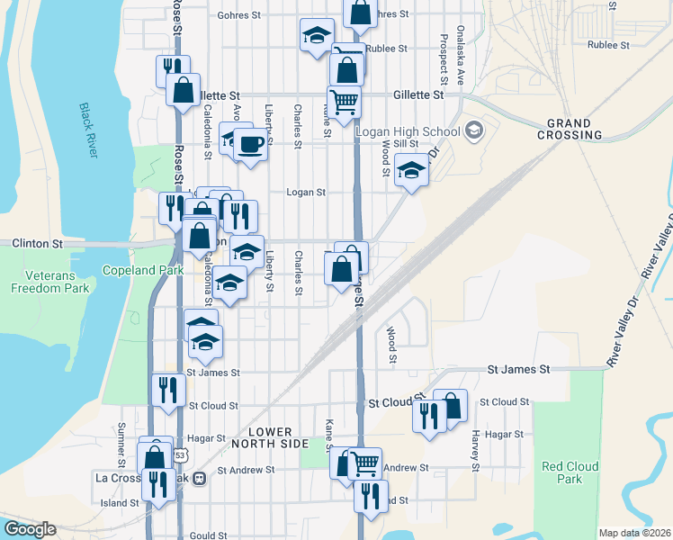 map of restaurants, bars, coffee shops, grocery stores, and more near 1202 Kane Street in La Crosse
