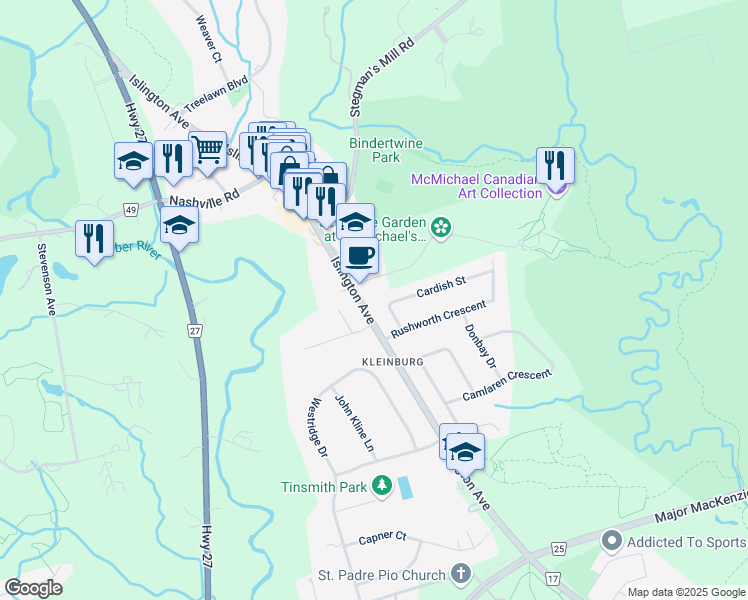 map of restaurants, bars, coffee shops, grocery stores, and more near 10341 Islington Avenue in Vaughan