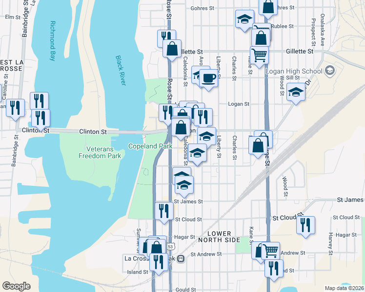 map of restaurants, bars, coffee shops, grocery stores, and more near 1200 Caledonia Street in La Crosse