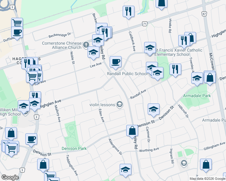 map of restaurants, bars, coffee shops, grocery stores, and more near 23 Saddlewood Court in Markham