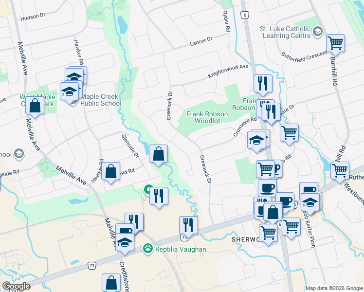map of restaurants, bars, coffee shops, grocery stores, and more near 142 Waterside Crescent in Vaughan