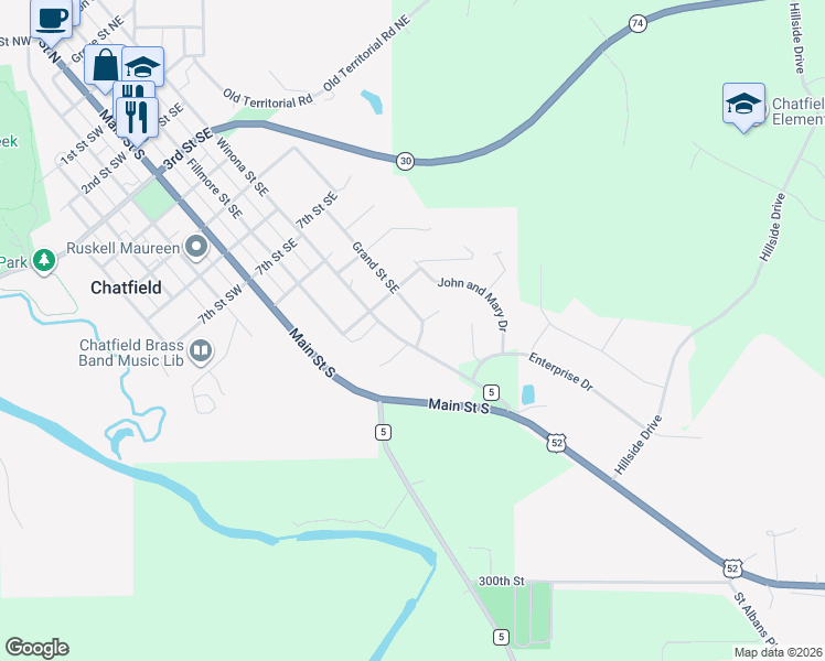 map of restaurants, bars, coffee shops, grocery stores, and more near 1107 Liberty Street Southeast in Chatfield