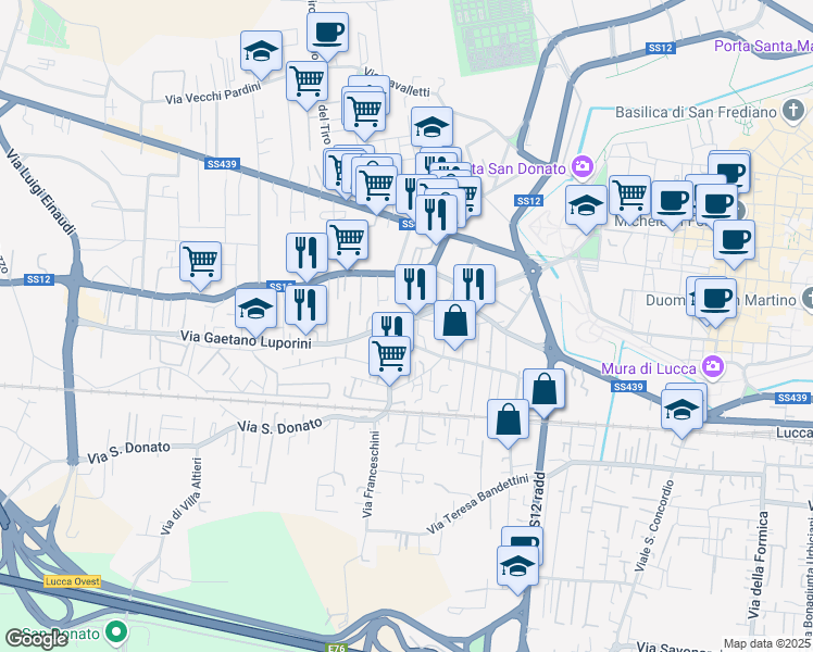 map of restaurants, bars, coffee shops, grocery stores, and more near 186 Via San Donato in Lucca