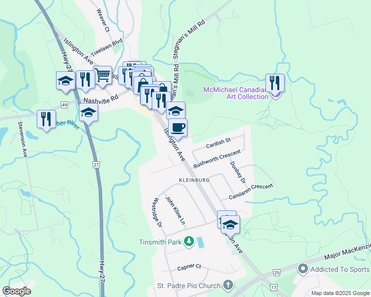 map of restaurants, bars, coffee shops, grocery stores, and more near 10341 Islington Avenue in Vaughan