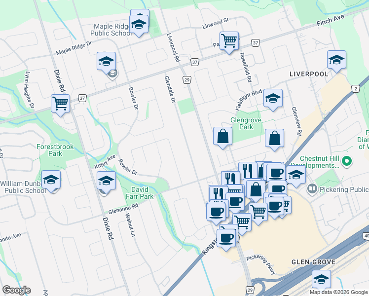 map of restaurants, bars, coffee shops, grocery stores, and more near 1910 Glendale Drive in Pickering