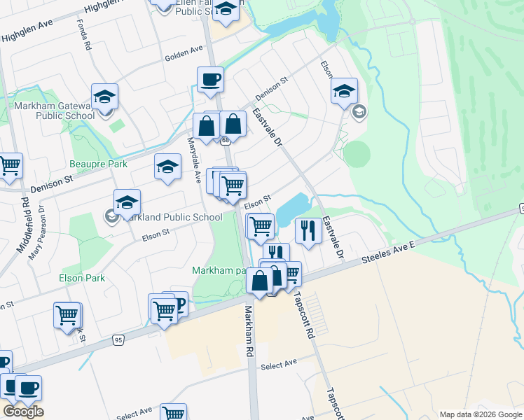 map of restaurants, bars, coffee shops, grocery stores, and more near 3 Voysey Way in Markham