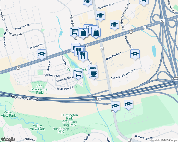 map of restaurants, bars, coffee shops, grocery stores, and more near 165 Commerce Valley Drive West in Markham