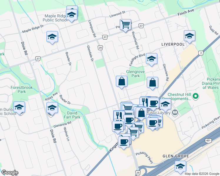 map of restaurants, bars, coffee shops, grocery stores, and more near 1915 Glendale Drive in Pickering