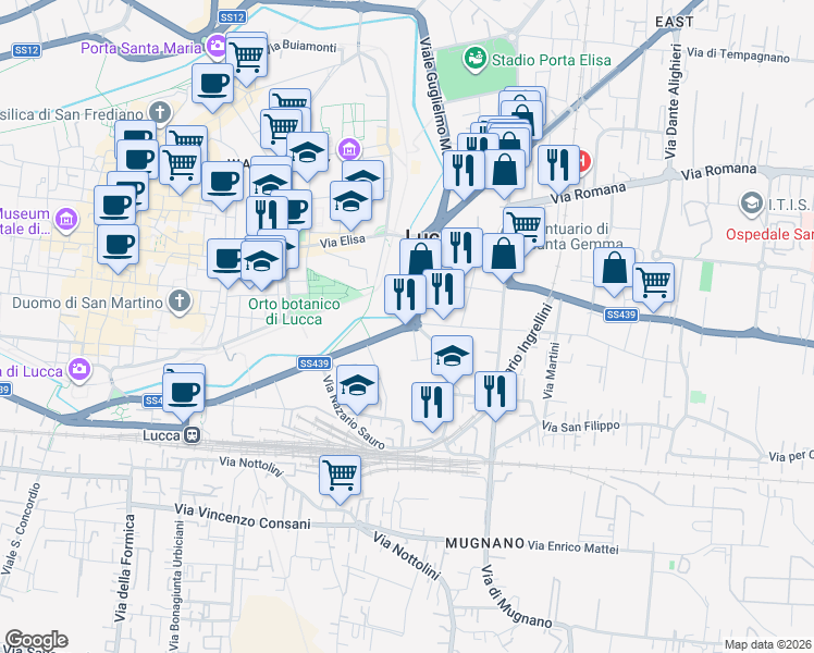 map of restaurants, bars, coffee shops, grocery stores, and more near 37 Via Antonio Cantore in Lucca