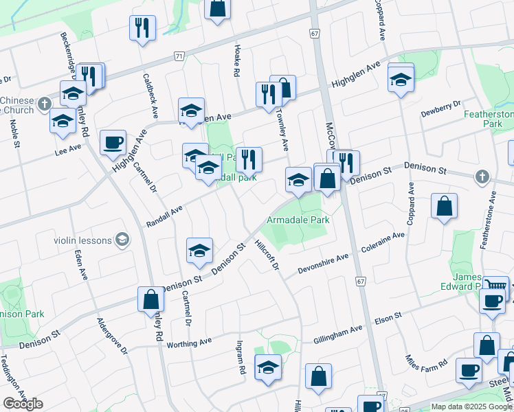 map of restaurants, bars, coffee shops, grocery stores, and more near 104 Timbers Circle in Markham