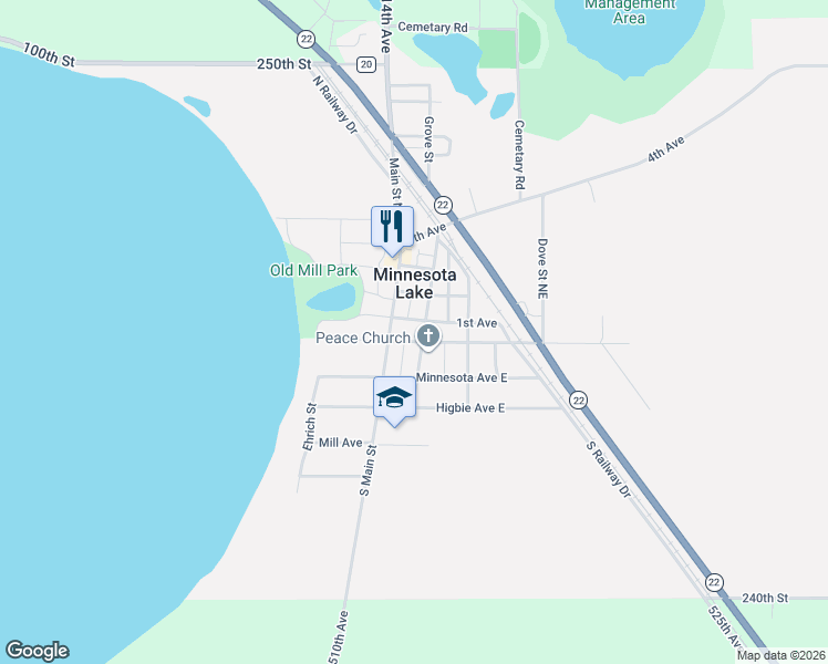 map of restaurants, bars, coffee shops, grocery stores, and more near 10 Main Street North in Minnesota Lake